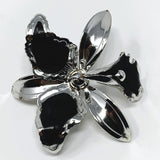 Silver Tone Black Enamel Large Orchid Brooch