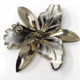 Silver Tone Grey White Enamel Large Orchid Brooch