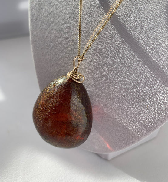 Amber Pendant with Insect Inclusions and 14 karat Gold Fine Curb Link Chain