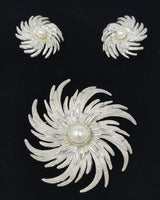 Sarah Coventry Brooch and Clip-on Earrings Set 1950s Silver-tone Faux Pearl Swirl Flower's