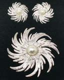 Sarah Coventry Brooch and Clip-on Earrings Set 1950s Silver-tone Faux Pearl Swirl Flower's