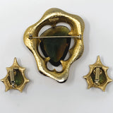 Corocraft BSK Gold Tone Watermelon Glass Statement Brooch and Clip-On Earrings